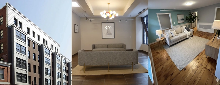 Three images of 645 Congress Portland Maine apartments